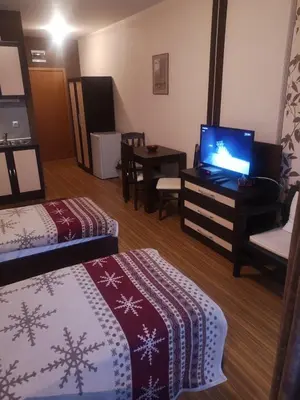 a hotel room with two beds and a television at Snowdrop Studio in Borovets