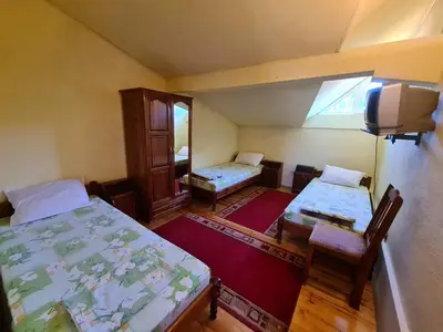 a small room with two beds and a tv at Villa Mura in Razlog