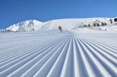 a person is skiing down a snow covered slope at EFO Apartment in Bansko