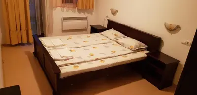 a bedroom with a bed with a wooden headboard at EFO Apartment in Bansko