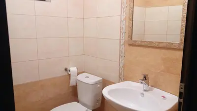 a bathroom with a white toilet and a sink at Guesthouse White Margarit in Melnik
