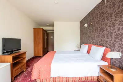 a bedroom with a bed and a flat screen tv at Hotel Hadjiite in Koprivshtitsa