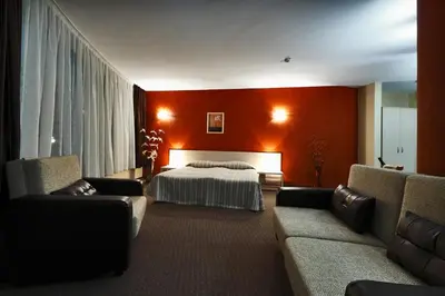 a bedroom with a bed and two couches at Evridika Hotel in Devin