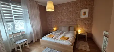a bedroom with a bed and two tables and a window at Sunny Central Apartment in Sofia