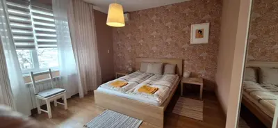 a bedroom with a large bed and a window at Sunny Central Apartment in Sofia