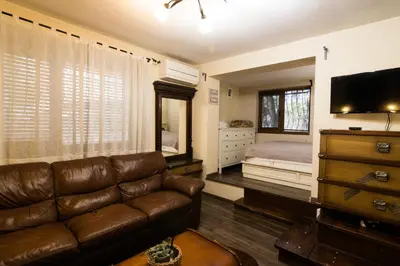 a living room with a leather couch and a bed at Vintage Lozenets Apartment in Sofia