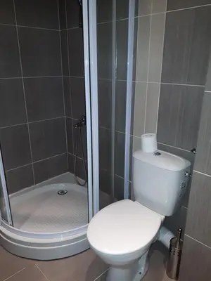 a bathroom with a toilet and a shower at City Sandanski in Sandanski