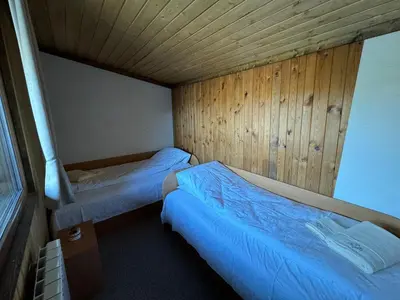 a bedroom with two beds and a wooden ceiling at Villa Raiski kyt in Dospat