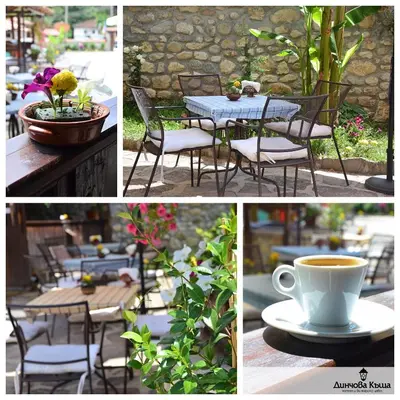 a collage of photos with a table and a cup of coffee at Family Hotel Dinchova kushta in Rozhen
