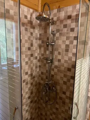 a shower in a bathroom with a tiled wall at Chalet Sofia in Borovets