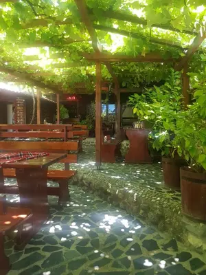 a patio with benches and plants in a building at Комплекс Рожена, хотел, хотелски комплекс Рожена in Rozhen