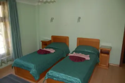 two twin beds in a room with green sheets at Kniaz Boris Hotel in Sofia