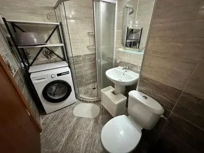 a bathroom with a toilet sink and a washing machine at White Wood Lodge in Bansko