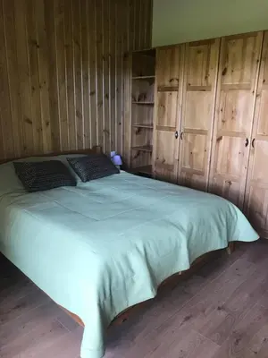 a bedroom with a large bed with wooden cabinets at Pirin Golf Villa Emila in Bansko