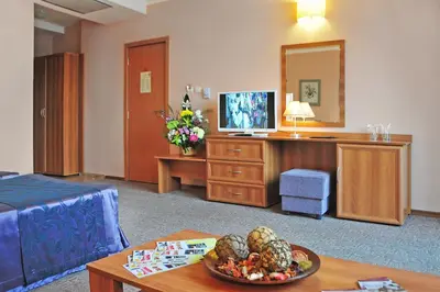 a living room with a room with a table with a bowl of fruit at Hotel Real in Plovdiv