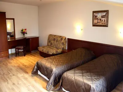 a hotel room with a bed and a chair at Bizev Hotel in Bansko