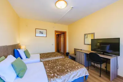 a hotel room with a bed and a desk with a television at Rila Hotel Sofia in Sofia