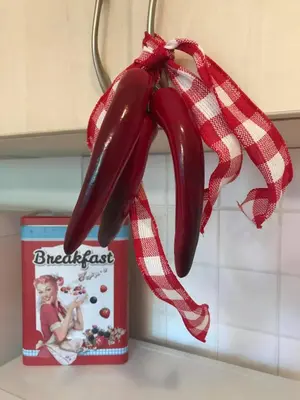 a bunch of chili peppers hanging from a can at Papa Moose Pamporovo in Pamporovo