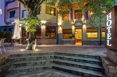 a tree in front of a building with stairs at Hotel Villa Boyana - Free Parking in Sofia