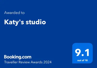 a blue screen with the textouched to kathys studio at Katy's studio in Bansko