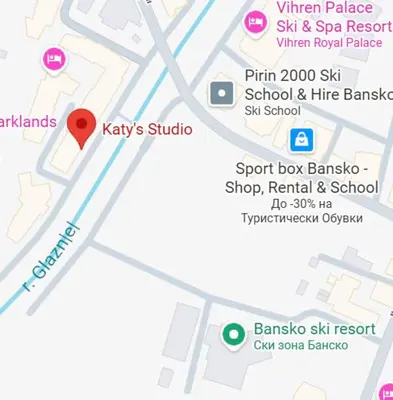 a map of the campus of yakky s studio and spa restaurant at Katy's studio in Bansko