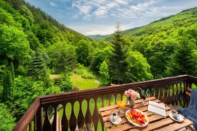 a table on a balcony with a view of a forest at Alfaresort Palace Chiflika in Chiflik