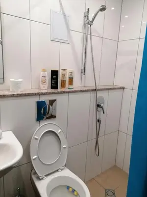 a bathroom with a shower and a toilet at Hotel Lago Peshtera in Peshtera