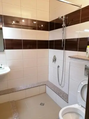a bathroom with a shower and a toilet at Hotel Lago Peshtera in Peshtera