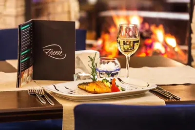 a table with a plate of food and a glass of wine at Terra Hotel in Bansko
