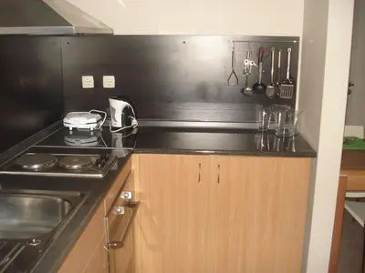a kitchen with a stove and a counter top at Snezhanka Apartments TMF in Pamporovo