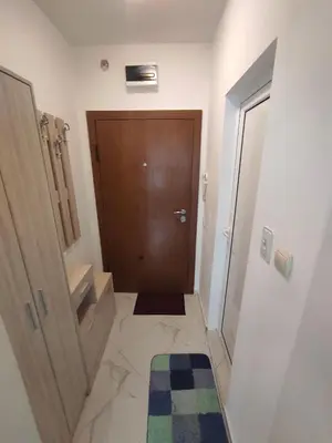 a bathroom with a wooden door and a bathroom rug at Sun Стамат Икономов 11 in Plovdiv
