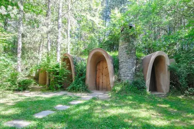 a house with a tree and a wooden door at Omaya Eco Village in Gaytaninovo