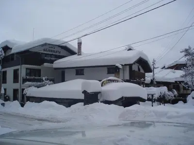 a group of snow covered cars parked in front of a building at Guest House Valevicata in Bansko