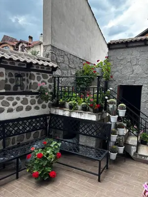a balcony with potted plants on a building at Durchova Kashta Family Hotel in Bansko