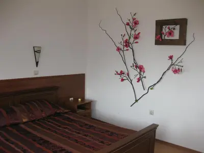 a bedroom with a bed and a branch on the wall at Molerite Complex in Bansko