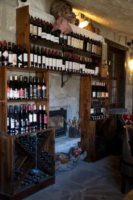 a room with a fireplace filled with lots of wine bottles at Molerite Complex in Bansko