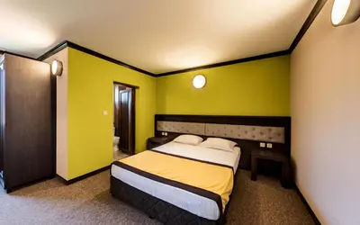 a bedroom with a bed in a room with green walls at Family Hotel Bunara in Brestnik