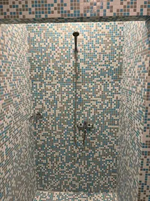 a bathroom with a shower in a tiled wall at Family Hotel Dalis in Sofia