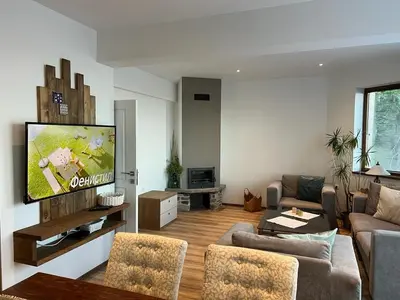 a living room with a couch and a flat screen tv at Amampuri Village in Pamporovo