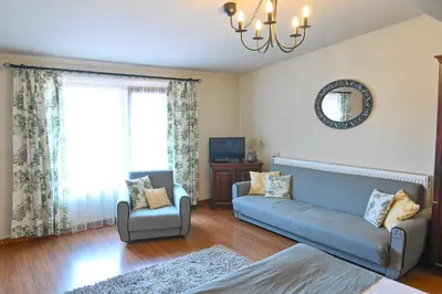 a living room with a couch and a chair at Klecherova House in Bansko
