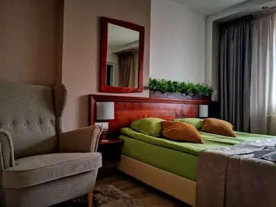 a bedroom with a bed with a mirror and a chair at Zigen House in Bansko
