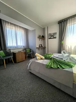 a bedroom with a large bed with green sheets at Zigen House in Bansko