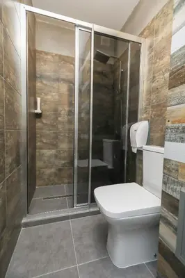 a bathroom with a toilet and a shower at Artemis Apartments in Sandanski