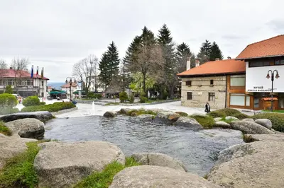a river with rocks in front of a building at Hotel Alpin - 91 Bansko in Bansko