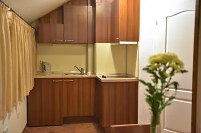 a small kitchen with wooden cabinets and a vase of flowers at Apart Hotel Comfort in Bansko