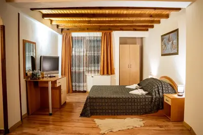 a bedroom with a bed and a desk and a television at Matsurev Han in Bansko