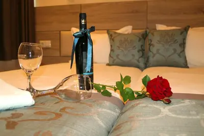 a bottle of wine and a rose on a couch at Garden Guest House in Sandanski