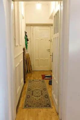 a hallway with a door and a rug on a floor at Botev Apartment in Sofia