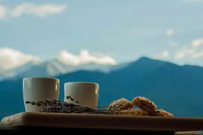 a table with two coffee cups and some cookies at Pirina Club Hotel in Bansko