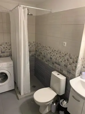 a bathroom with a toilet and a washing machine at Pirina Club Hotel in Bansko